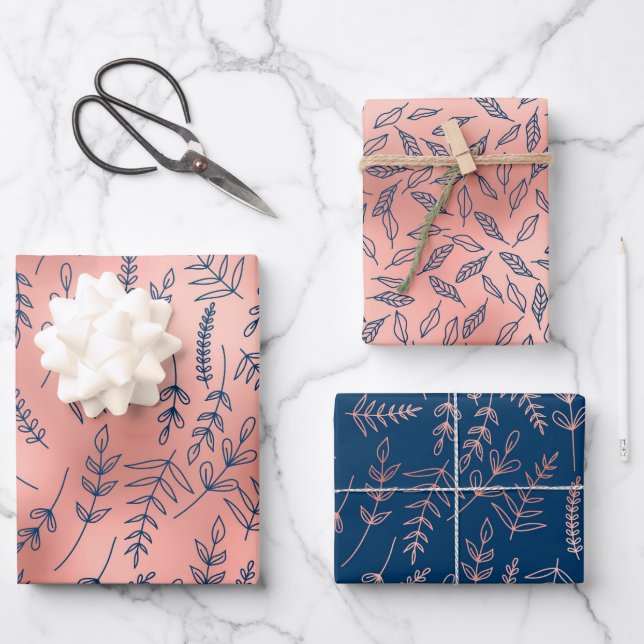 Rose Gold Blue Botanical All Occasion Wrapping Paper Sheets (Front)