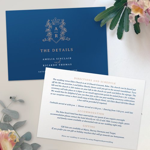 Rose gold blue crown monogram wedding details  enclosure card