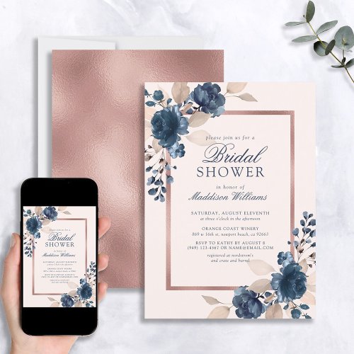 Rose Gold Blue Dusty Pink Floral Bridal Shower Invitation