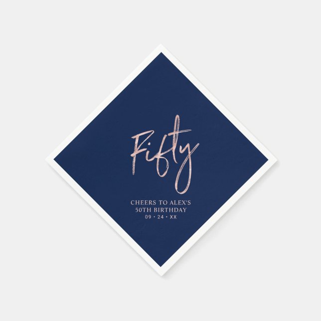 Rose Gold & Blue Fifty Adult 50th Birthday Party Napkins (Corner)