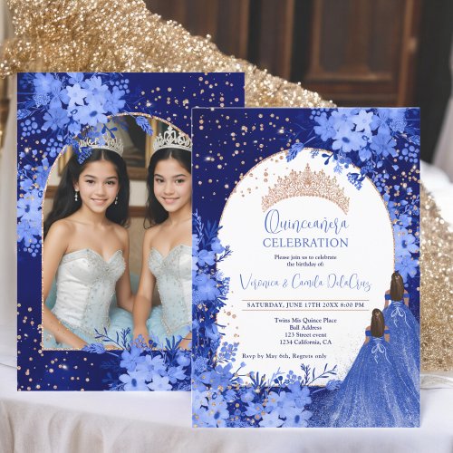 Rose gold blue floral princess Twins Quinceanera Invitation