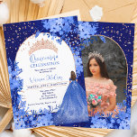 Rose gold blue floral tiara princess Quinceanera Invitation<br><div class="desc">An elegant and chic modern twist to the traditional Quinceañera with a rose gold glitter princess tiara crown, and a royal blue princess gown where you can change the skin and hair color ( just go to the design tool and choose the skin and hair layer and choose your color)....</div>