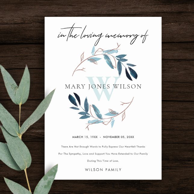 ROSE GOLD BLUE FOLIAGE WREATH SYMPATHY MEMORIAL THANK YOU CARD (Creator Uploaded)