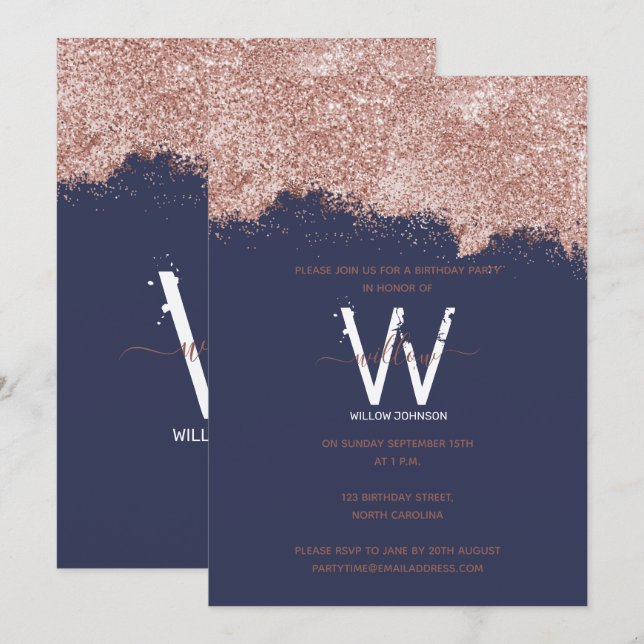 Rose Gold Blue Girly Glitter Any Year Birthday Invitation (Front/Back)