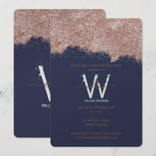 Rose Gold Blue Girly Glitter Any Year Birthday Invitation