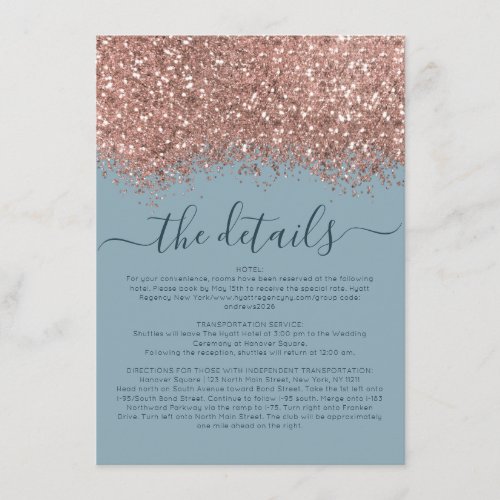 Rose Gold Blue Glitter Confetti Wedding Details Enclosure Card