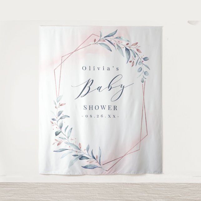 Rose Gold Blue Greenery Baby Shower Photo Backdrop (Front)