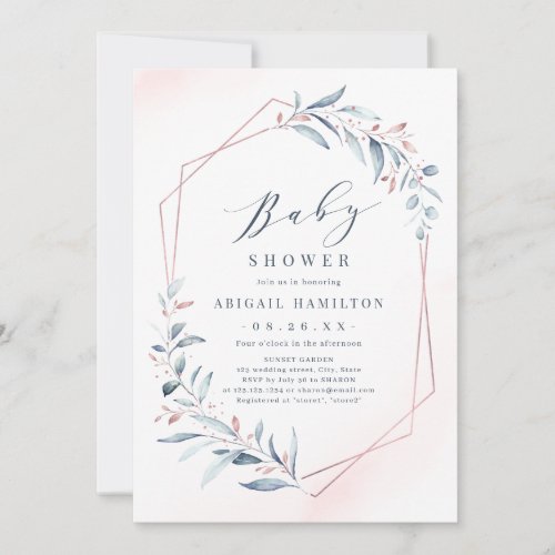 Rose Gold Blue Greenery Geometric Baby Shower Invitation