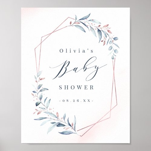Rose Gold Blue Greenery Geometric Baby Shower Poster