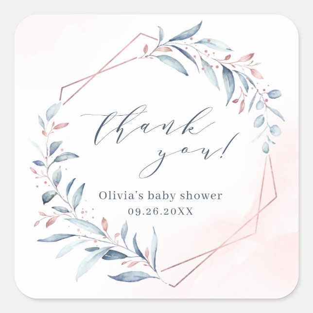 Rose Gold Blue Greenery Geometric Baby Shower Square Sticker (Front)