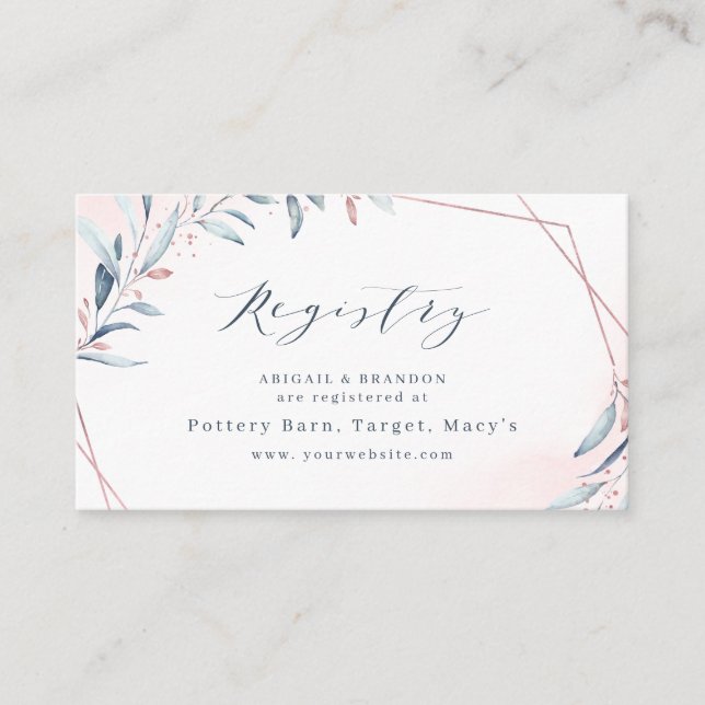 Rose Gold Blue Greenery Geometric bridal Registry Place Card (Front)