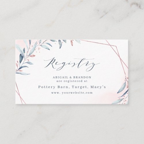 Rose Gold Blue Greenery Geometric bridal Registry Place Card