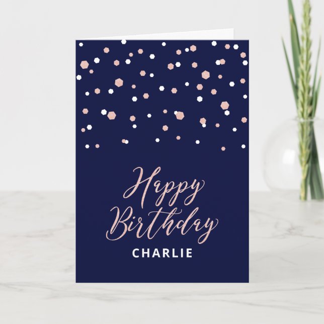 Rose Gold & Blue Happy Birthday Name Greeting Card (Front)
