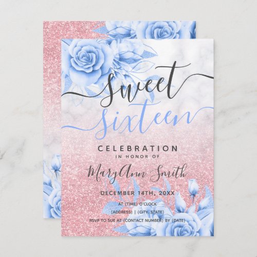 Rose Gold  Blue Marble Floral Glitter Sweet 16  Invitation