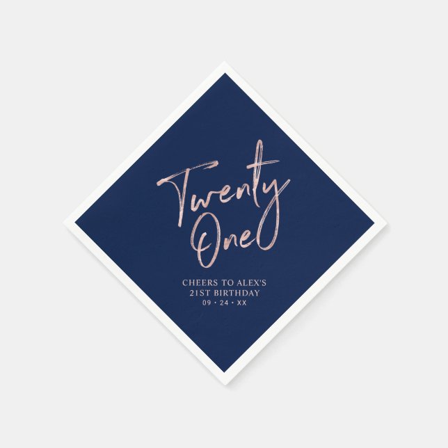 Rose Gold & Blue Modern Adult 21st Birthday Party Napkins (Corner)