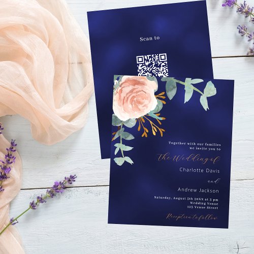Rose gold blue QR RSVP budget wedding invitation