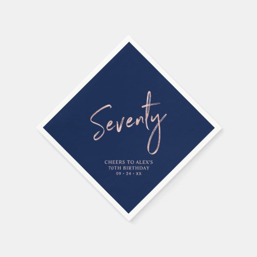 Rose gold Blue Seventy Adult 70th Birthday Party Napkins