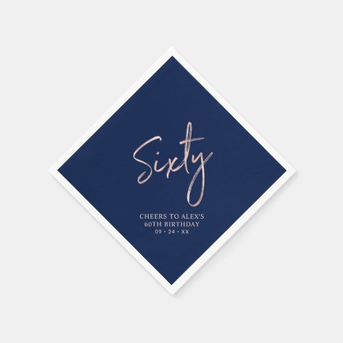 Rose gold  Blue Sixty Adult 60th Birthday Party Napkins