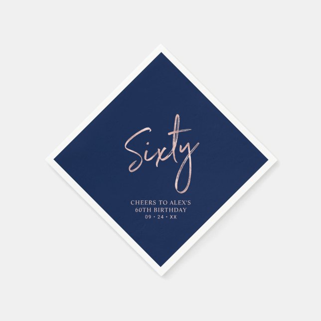 Rose gold & Blue Sixty Adult 60th Birthday Party Napkins (Corner)