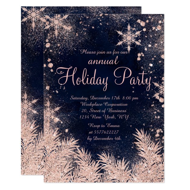Rose Gold Blue Snowflake Winter Corporate Holiday Invitation