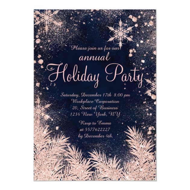 Rose Gold Blue Snowflake Winter Corporate Holiday Invitation