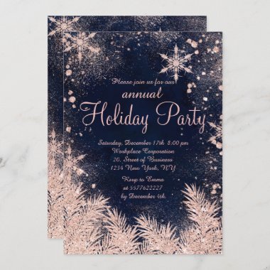 Rose gold blue snowflake winter corporate holiday invitation