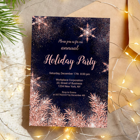 Rose Gold Blue Snowflake Winter Corporate Holiday Invitation