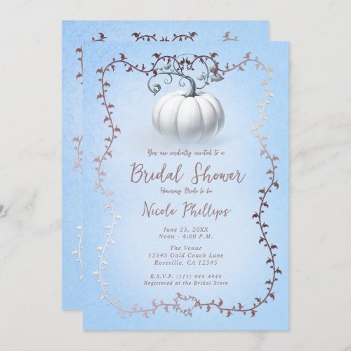 Rose Gold Blue Storybook White Pumpkin Bridal  Invitation
