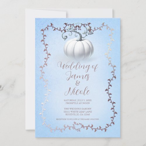 Rose Gold Blue Storybook White Pumpkin Wedding Invitation