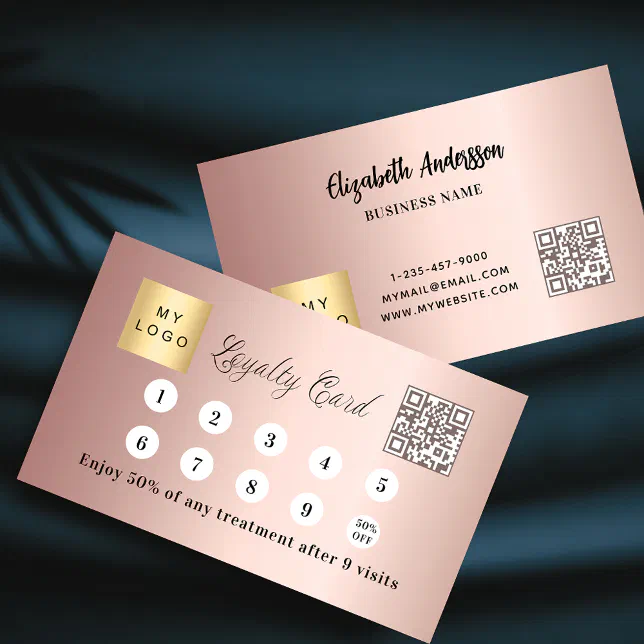 Rose gold bluesh qr code corporate logo loyalty card | Zazzle