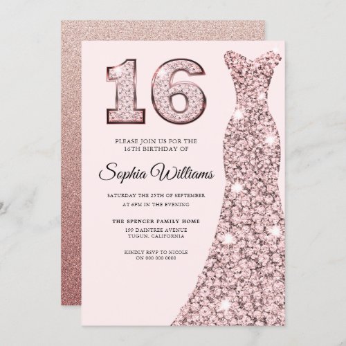 Rose Gold Bluish Dress 16th Birthday Sweet 16 Invitation