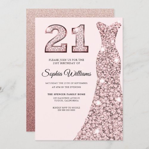 Rose Gold Bluish Dress 21st Birthday Party Invitation