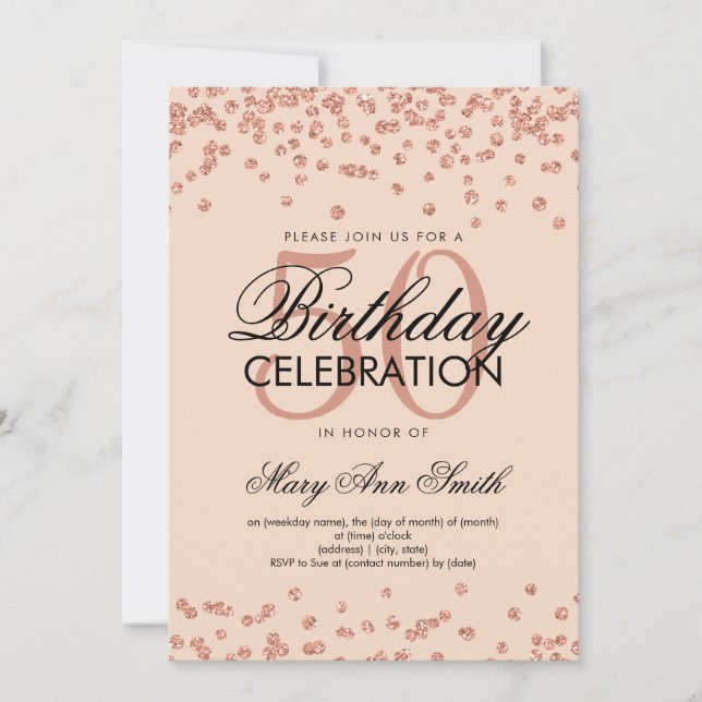 Rose Gold Blush 50th Birthday Glitter Confetti Invitation (Front)