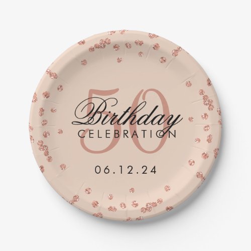 Rose Gold Blush 50th Birthday Glitter Confetti Paper Plates