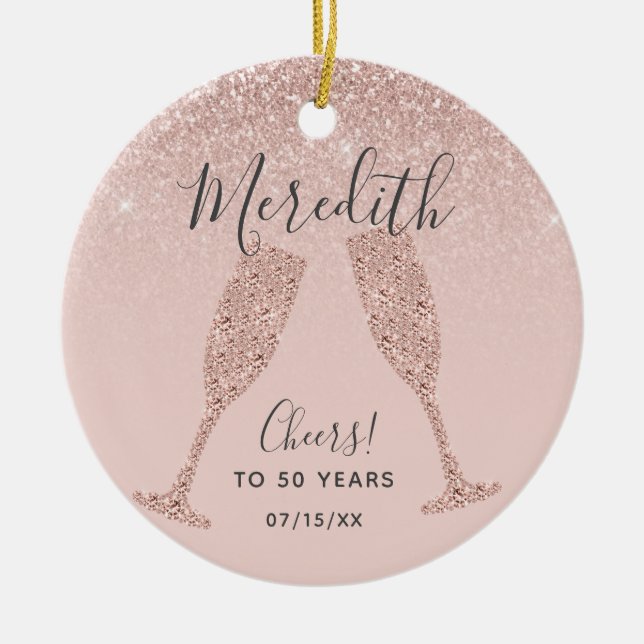 Rose Gold Blush 50th Birthday with Date of Birth Ceramic Ornament (Front)