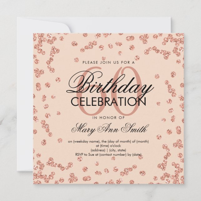 Rose Gold Blush 60th Birthday Glitter Confetti Invitation (Front)
