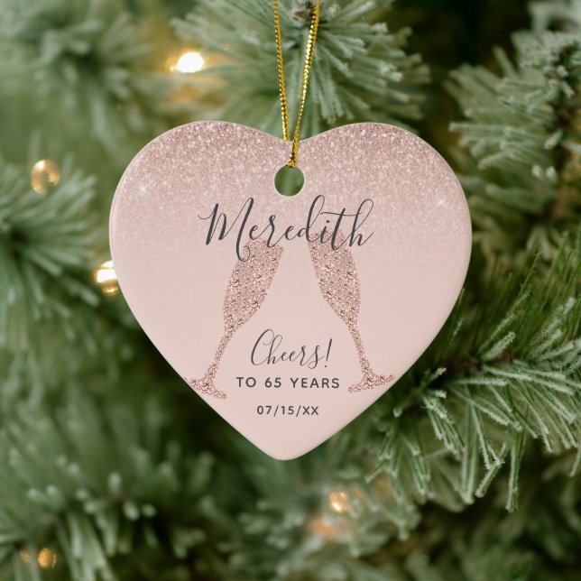 Rose Gold Blush 65th Birthday Date of Birth Heart Ceramic Ornament (Tree)