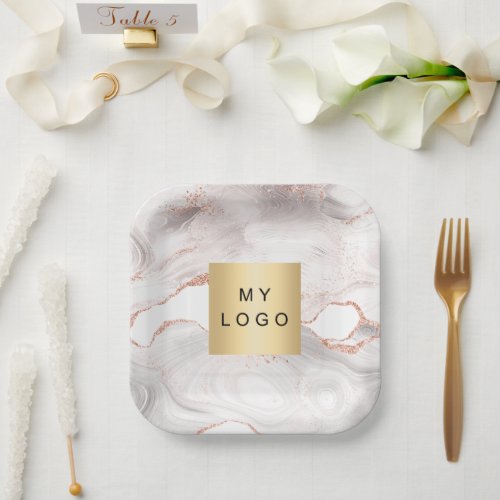 Rose gold blush agate marble business logo paper plates