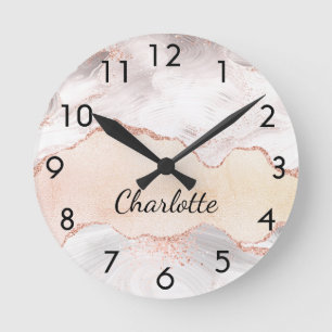 Rose gold blush agate marble name elegant round clock