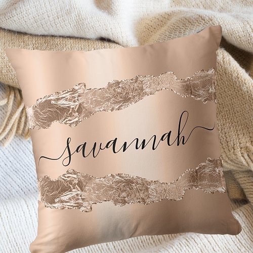 Rose gold blush agate marble name script throw pillow