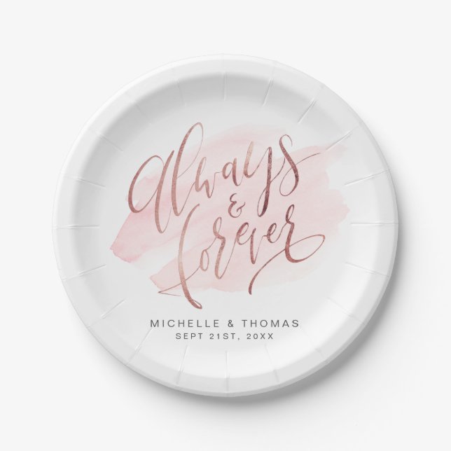 Rose Gold Blush Always And Forever Script Wedding Paper Plates (Front)
