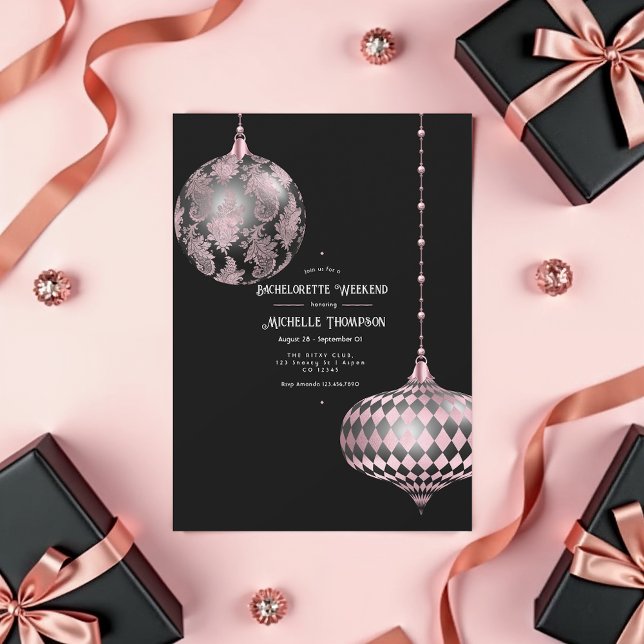 Rose Gold, Blush and Black Christmas Bachelorette Invitation (Rose Gold and Blush Christmas Bachelorette Party Invitation)