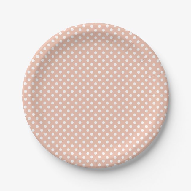 Rose gold/blush and white polka dots paper plates (Front)