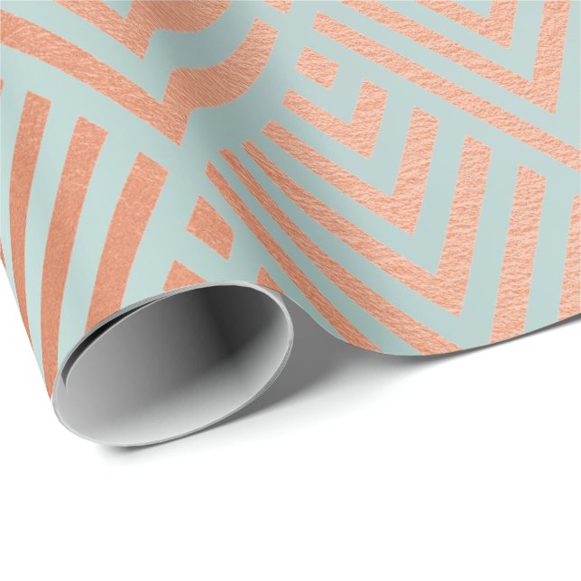 Rose Gold Blush Blue Aqua Art Deco Copper Wrapping Paper (Roll Corner)