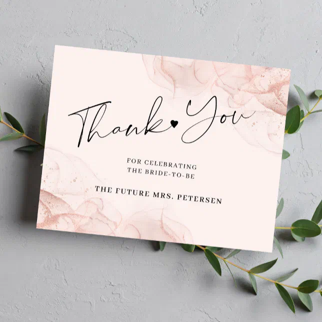 Rose gold blush bridal shower elegant script thank you card | Zazzle