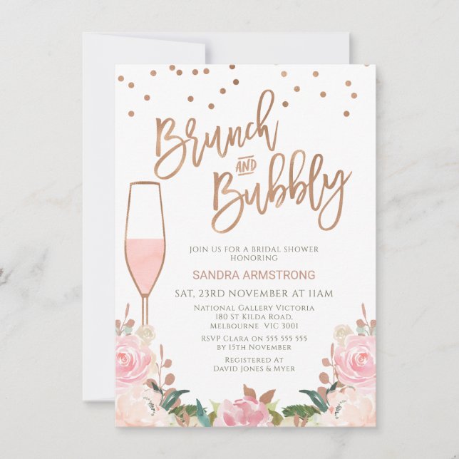 Rose Gold Blush Brunch Bubbly Bridal Shower Invitation (Front)