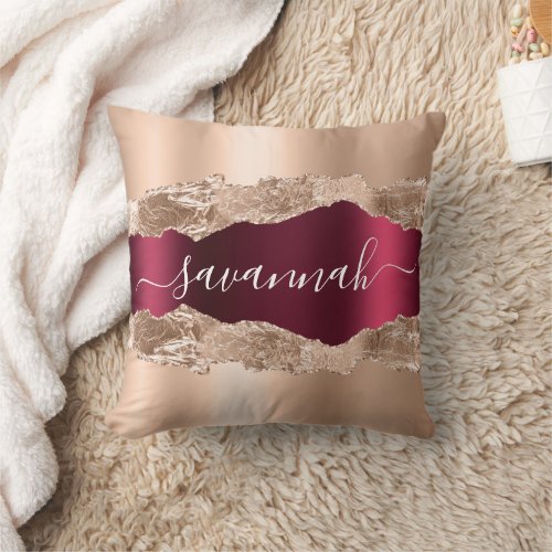 Rose gold blush burgundy agate marble name throw pillow