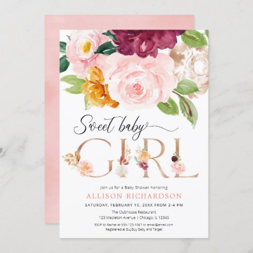 Rose gold blush burgundy floral girl baby shower invitation