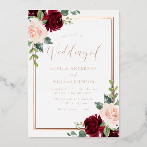 Rose Gold Blush  Burgundy Floral Wedding Foil Invitation