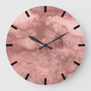 Rose Gold Blush Carrara Marble Black White Stone Large Clock